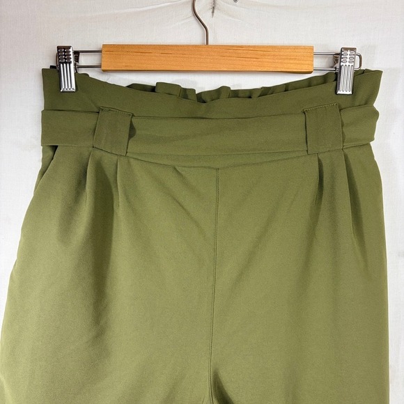 Paper Bag Pants Sz Large Olive Green Bow Tie Pull On High Waist Tapered Ankle - Picture 3 of 13